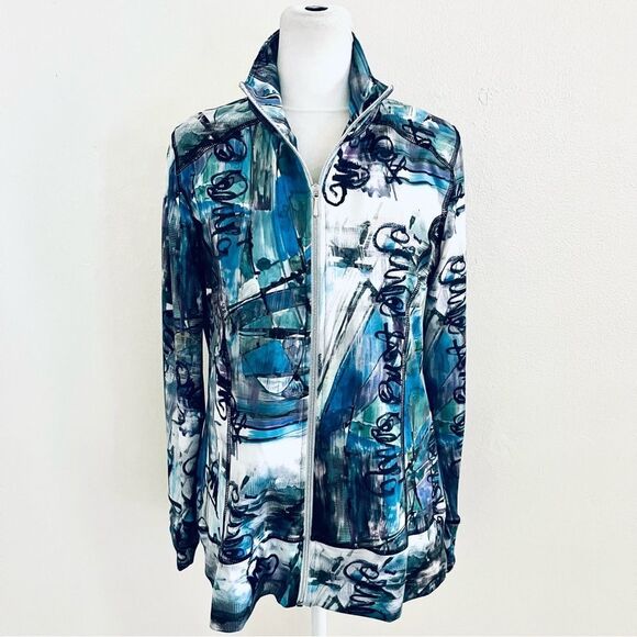 Snoskins Jackets & Blazers - SNOSKINS Zip Jacket Back Zip Pocket Graffiti Print EUC Viscose Blk/Wht/Ppl SZ M